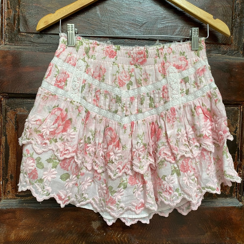 LoveShackFancy Pink Floral Lace Ruffled Skirt